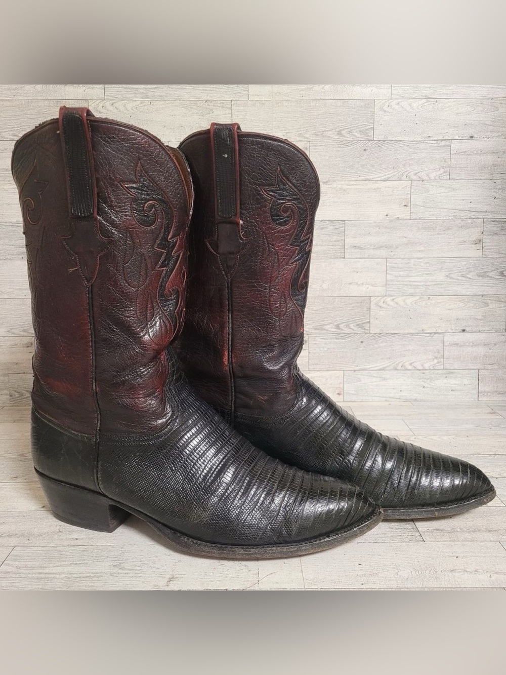 Men's 12 Lucchese Black Cherry Exotic Lizard Leather Rodeo Vintage Cowboy Boots